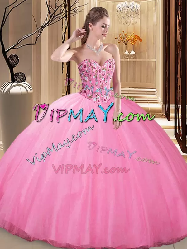 Rose Pink Ball Gowns Embroidery Quinceanera Gowns Lace Up Tulle Sleeveless Floor Length