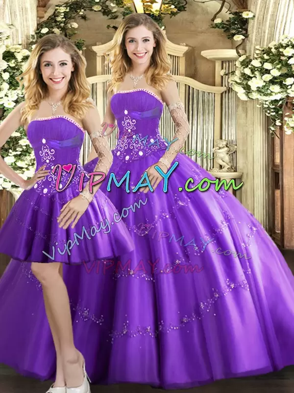 Strapless Sleeveless Sweet 16 Dresses Floor Length Beading Purple Tulle