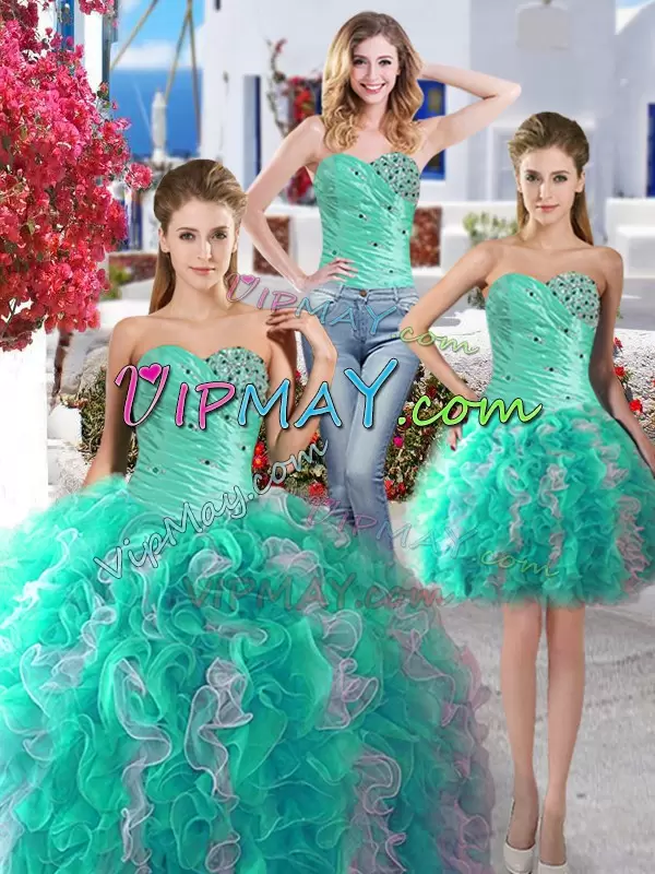 Charming Sweetheart Sleeveless Lace Up Quinceanera Dresses White and Turquoise Organza Beading