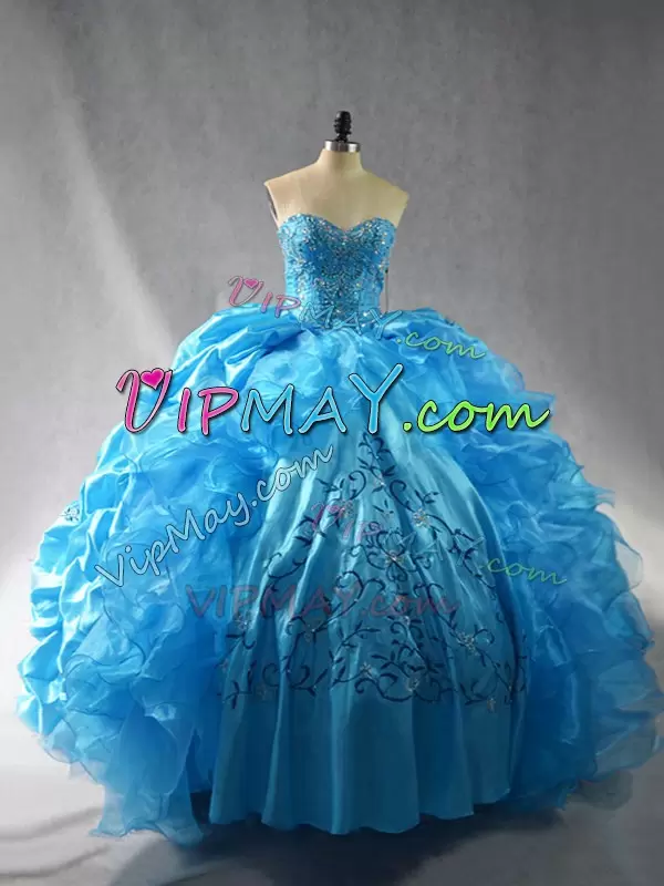 Shining Sweetheart Sleeveless Ball Gown Prom Dress Floor Length Embroidery and Ruffles Baby Blue Organza