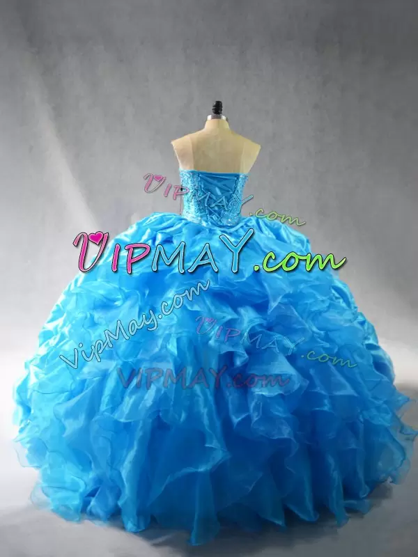 Shining Sweetheart Sleeveless Ball Gown Prom Dress Floor Length Embroidery and Ruffles Baby Blue Organza