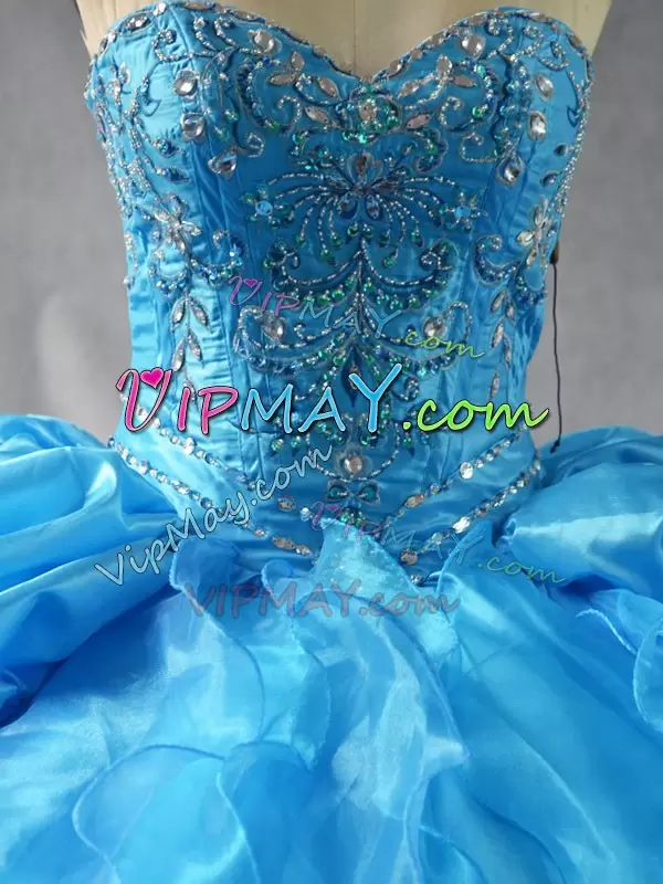 Shining Sweetheart Sleeveless Ball Gown Prom Dress Floor Length Embroidery and Ruffles Baby Blue Organza