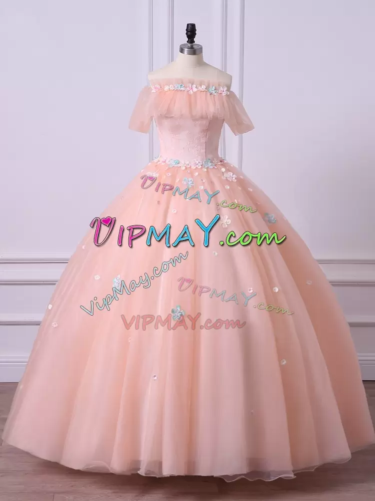 Ball Gowns Vestidos de Quinceanera Peach Off The Shoulder Tulle Short Sleeves Floor Length Lace Up