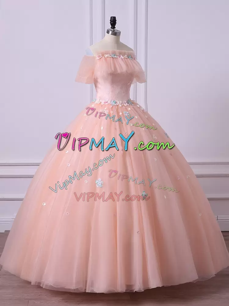 Ball Gowns Vestidos de Quinceanera Peach Off The Shoulder Tulle Short Sleeves Floor Length Lace Up