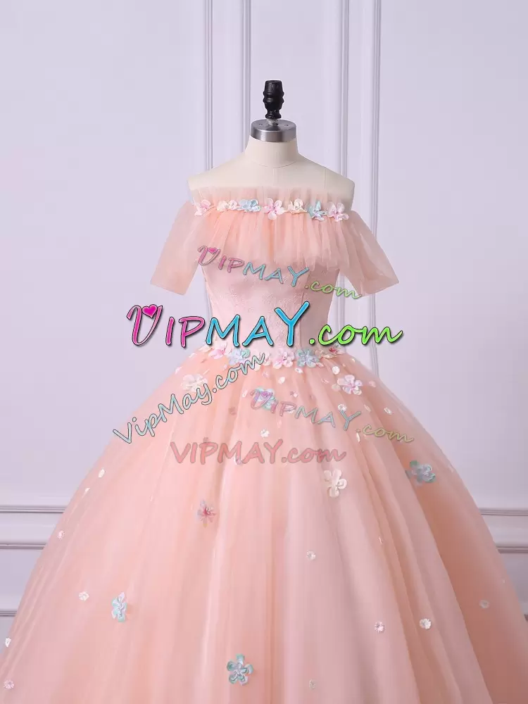 Ball Gowns Vestidos de Quinceanera Peach Off The Shoulder Tulle Short Sleeves Floor Length Lace Up