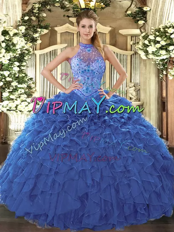 Glamorous Halter Top Sleeveless Lace Up 15 Quinceanera Dress Blue Organza Beading and Embroidery and Ruffles