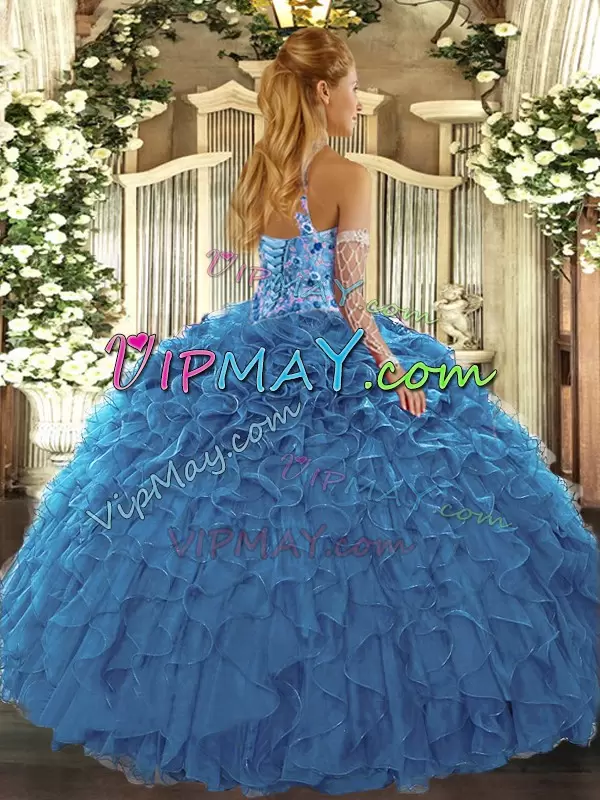 Glamorous Halter Top Sleeveless Lace Up 15 Quinceanera Dress Blue Organza Beading and Embroidery and Ruffles