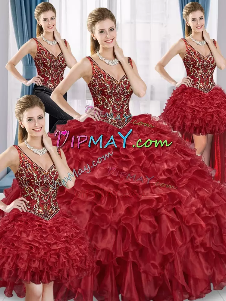 Red Organza Lace Up 15 Quinceanera Dress Sleeveless Floor Length Beading and Ruffles