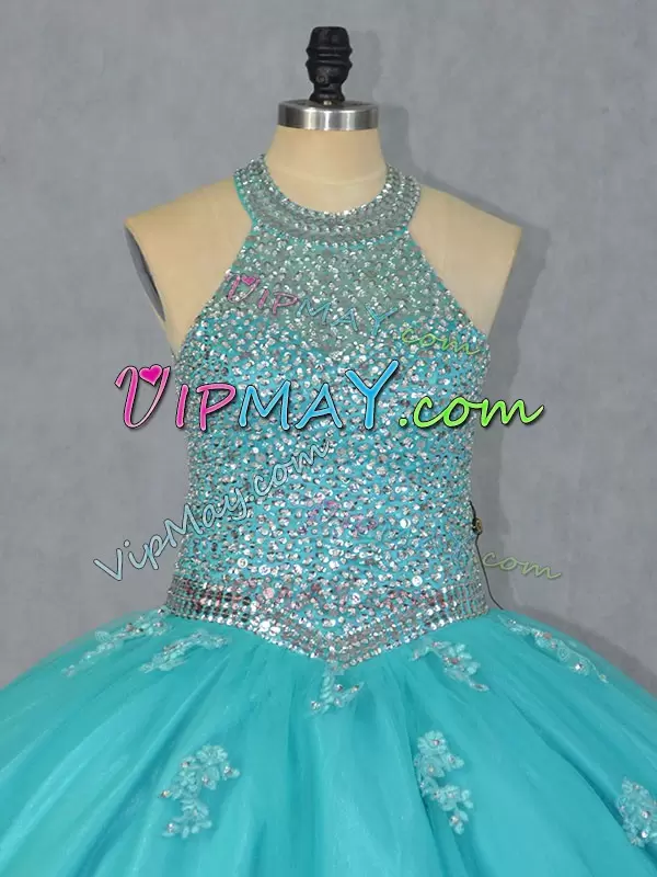 Exquisite Sleeveless Tulle Floor Length Lace Up 15th Birthday Dress in Aqua Blue with Beading