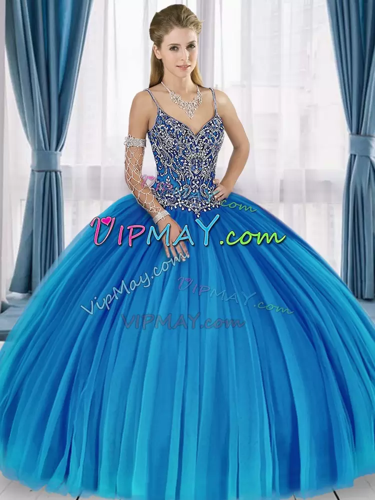 Blue Lace Up Straps Beading Sweet 16 Dress Tulle Sleeveless