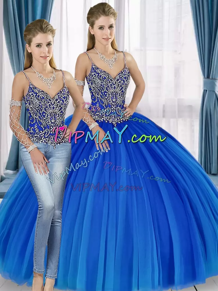 Amazing Sleeveless Floor Length Beading Lace Up Quinceanera Dresses with Blue