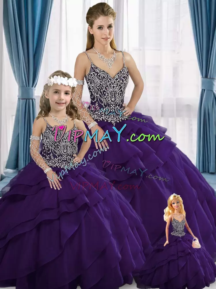 Trendy Purple Organza Lace Up Sweetheart Sleeveless Floor Length Sweet 16 Dresses Sweep Train Beading and Lace