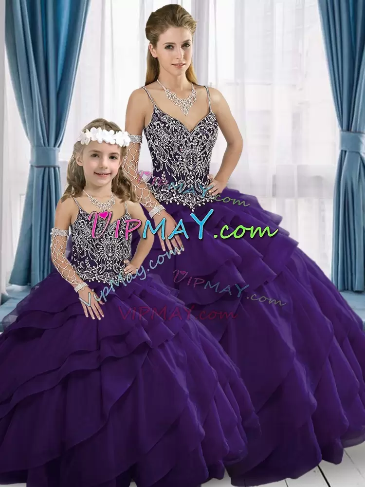 Trendy Purple Organza Lace Up Sweetheart Sleeveless Floor Length Sweet 16 Dresses Sweep Train Beading and Lace