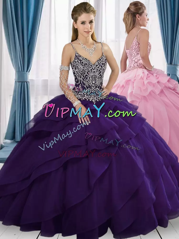 Trendy Purple Organza Lace Up Sweetheart Sleeveless Floor Length Sweet 16 Dresses Sweep Train Beading and Lace