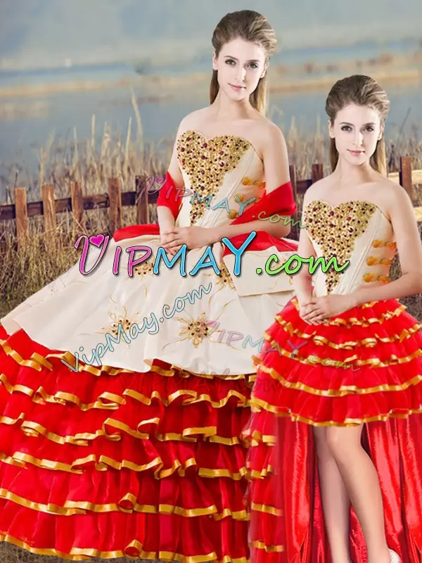 Custom Designed Sweetheart Sleeveless Quinceanera Dress Floor Length Beading and Ruffled Layers White And Red