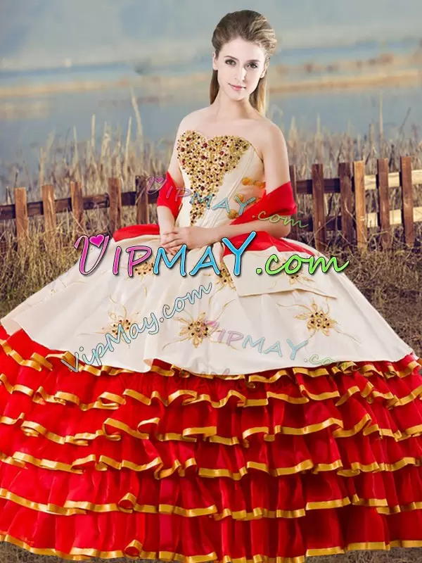 Custom Designed Sweetheart Sleeveless Quinceanera Dress Floor Length Beading and Ruffled Layers White And Red