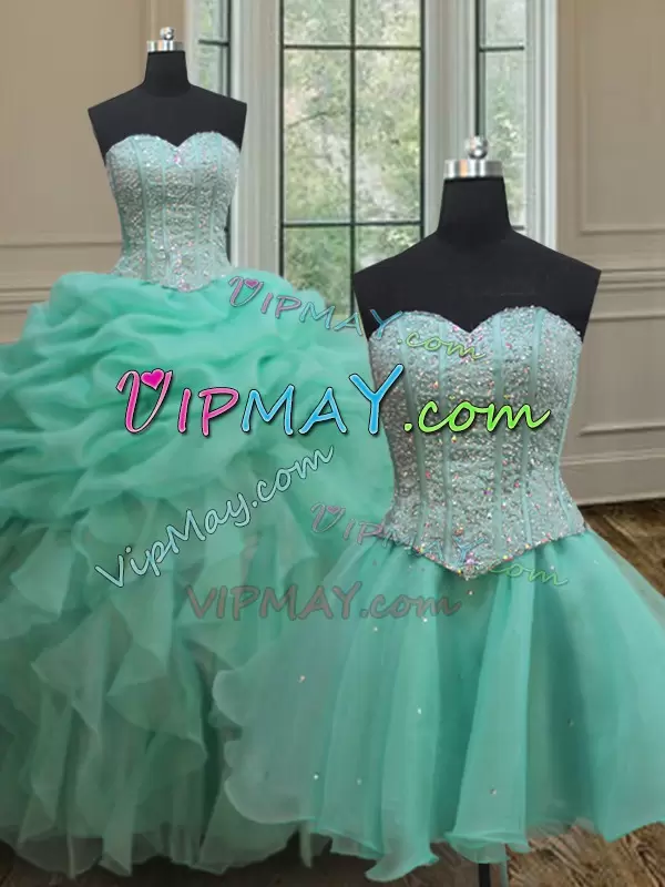 Latest Turquoise Sleeveless Floor Length Beading and Ruffles and Pick Ups Lace Up Quinceanera Gowns Sweetheart