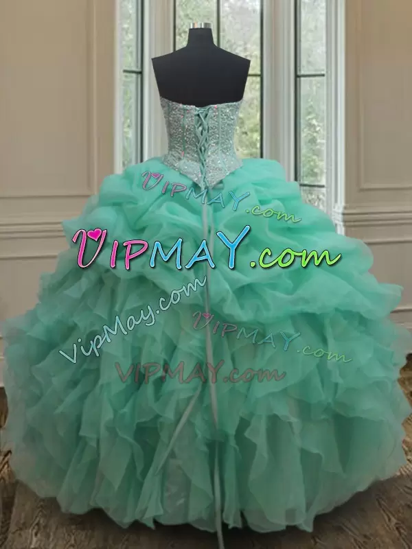 Latest Turquoise Sleeveless Floor Length Beading and Ruffles and Pick Ups Lace Up Quinceanera Gowns Sweetheart