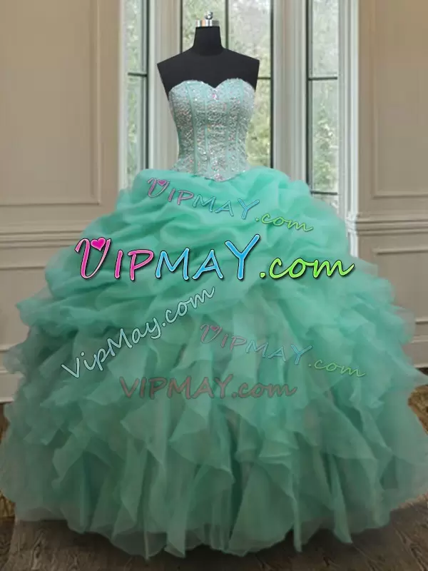 Latest Turquoise Sleeveless Floor Length Beading and Ruffles and Pick Ups Lace Up Quinceanera Gowns Sweetheart