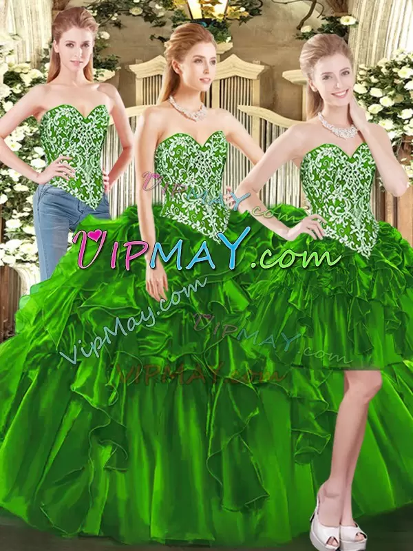 Adorable Floor Length Lace Up Quince Ball Gowns Dark Green for Military Ball and Sweet 16 and Quinceanera with Beading and Ruffles