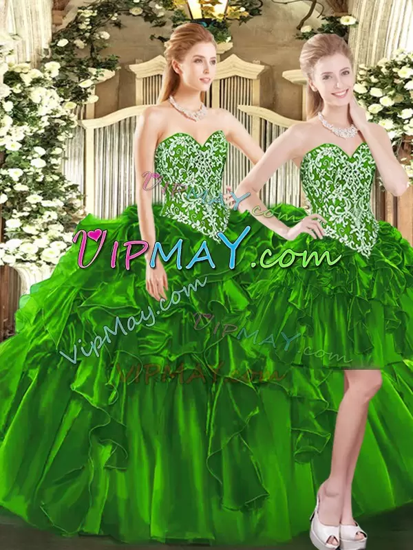 Adorable Floor Length Lace Up Quince Ball Gowns Dark Green for Military Ball and Sweet 16 and Quinceanera with Beading and Ruffles