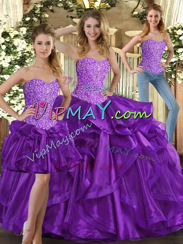 Modest Floor Length Eggplant Purple Quince Ball Gowns Tulle Sleeveless Beading and Ruffles
