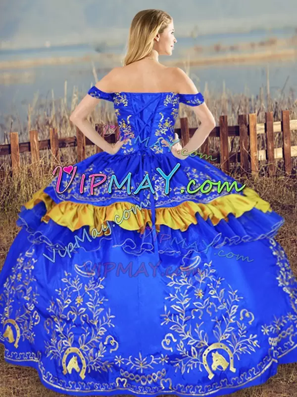 New Arrival Blue Off The Shoulder Neckline Embroidery Sweet 16 Quinceanera Dress Sleeveless Lace Up