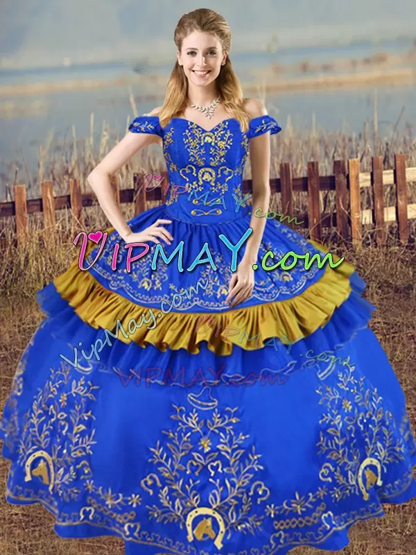 New Arrival Blue Off The Shoulder Neckline Embroidery Sweet 16 Quinceanera Dress Sleeveless Lace Up