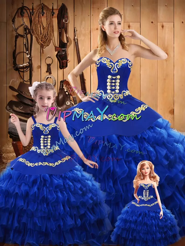 Unique Blue Sweetheart Neckline Embroidery and Ruffled Layers Quinceanera Dress Sleeveless Lace Up