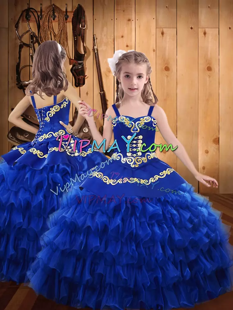 Unique Blue Sweetheart Neckline Embroidery and Ruffled Layers Quinceanera Dress Sleeveless Lace Up