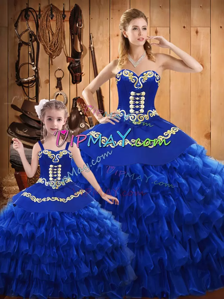 Unique Blue Sweetheart Neckline Embroidery and Ruffled Layers Quinceanera Dress Sleeveless Lace Up