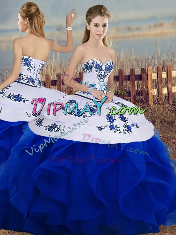 Royal Blue Lace Up Sweetheart Embroidery and Ruffles and Bowknot Sweet 16 Quinceanera Dress Tulle Sleeveless