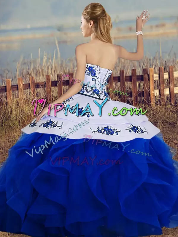 Royal Blue Lace Up Sweetheart Embroidery and Ruffles and Bowknot Sweet 16 Quinceanera Dress Tulle Sleeveless