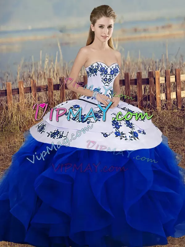 Royal Blue Lace Up Sweetheart Embroidery and Ruffles and Bowknot Sweet 16 Quinceanera Dress Tulle Sleeveless