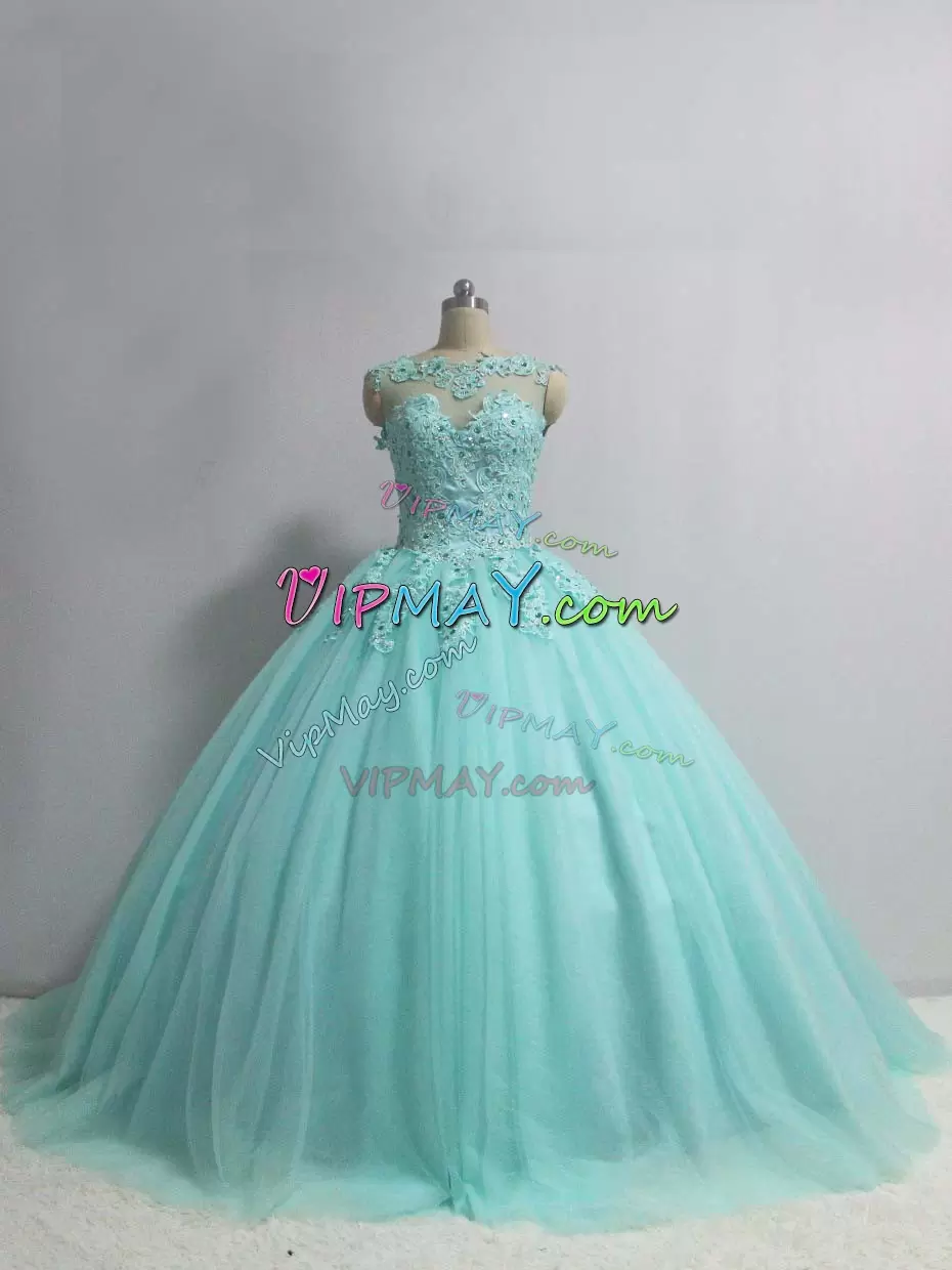 Clearance Aqua Blue Ball Gowns Appliques Quince Ball Gowns Lace Up Tulle Sleeveless Floor Length