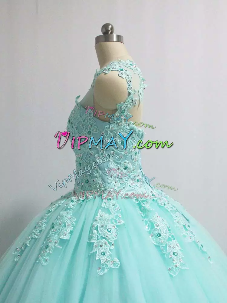 Clearance Aqua Blue Ball Gowns Appliques Quince Ball Gowns Lace Up Tulle Sleeveless Floor Length