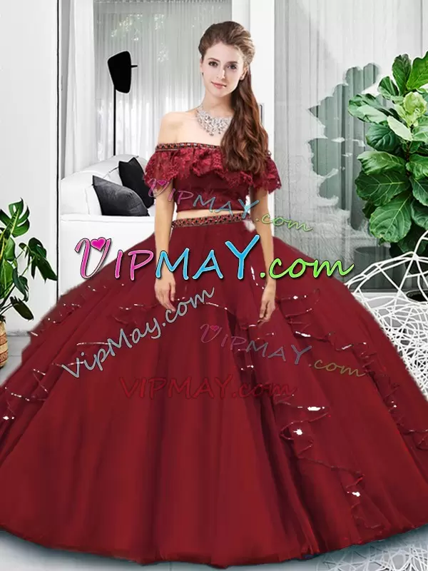 Luxurious Burgundy Sleeveless Tulle Lace Up Quinceanera Gowns for Military Ball and Sweet 16 and Quinceanera