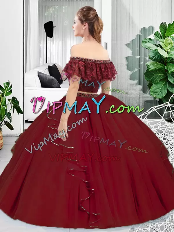 Luxurious Burgundy Sleeveless Tulle Lace Up Quinceanera Gowns for Military Ball and Sweet 16 and Quinceanera