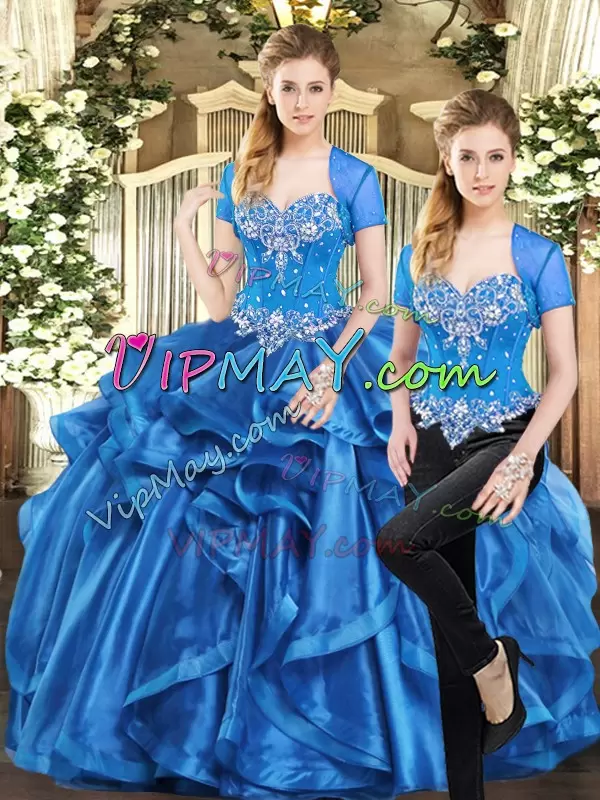 Fine Blue Two Pieces Organza Sweetheart Sleeveless Beading and Ruffles Floor Length Lace Up Ball Gown Prom Dress