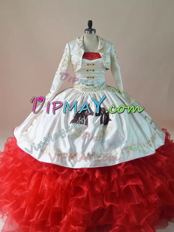 Customized Charro White And Red 15 Quinceanera Dress Strapless Brush Train with Horses