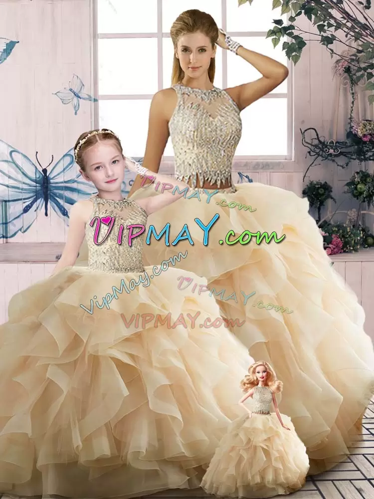 Champagne Tulle Zipper Scoop Sleeveless Floor Length Sweet 16 Dresses Beading and Ruffles