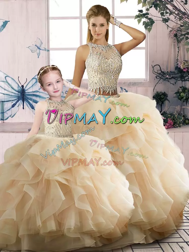 Champagne Tulle Zipper Scoop Sleeveless Floor Length Sweet 16 Dresses Beading and Ruffles