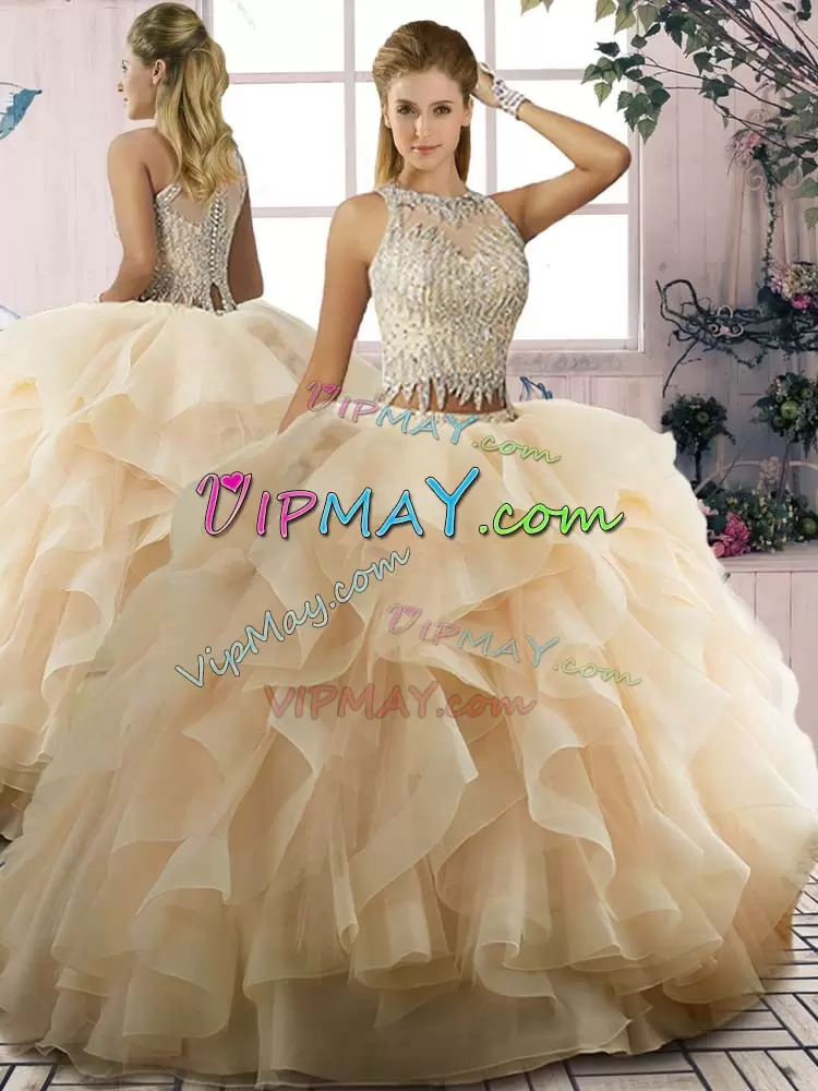 Champagne Tulle Zipper Scoop Sleeveless Floor Length Sweet 16 Dresses Beading and Ruffles