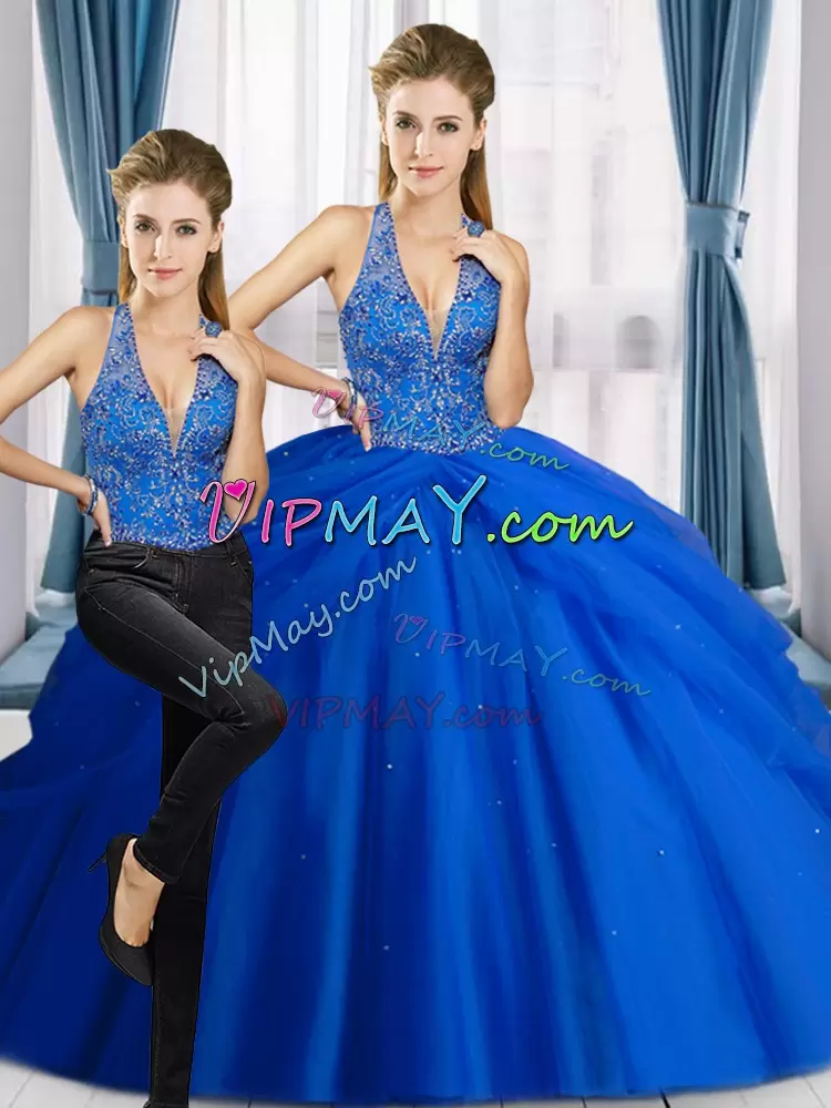 Extravagant Royal Blue Lace Up 15 Quinceanera Dress Beading Sleeveless Floor Length