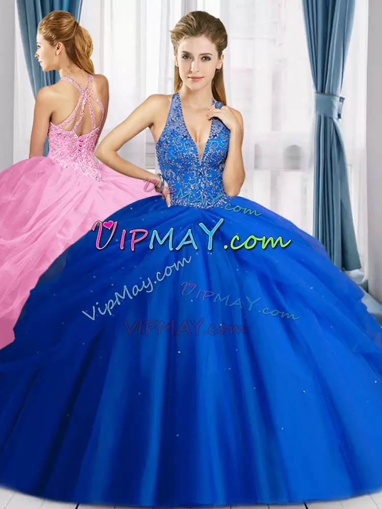 Extravagant Royal Blue Lace Up 15 Quinceanera Dress Beading Sleeveless Floor Length