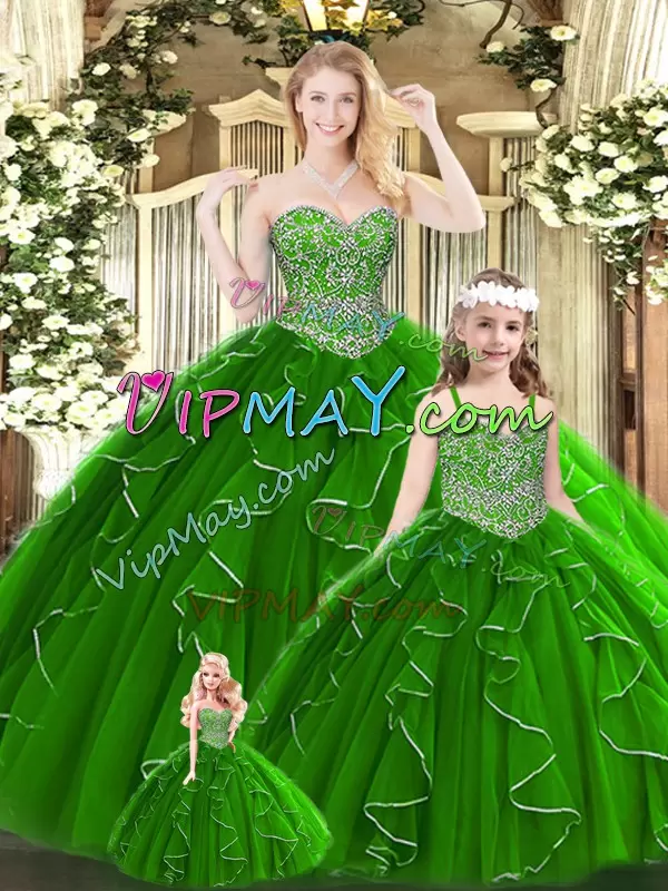 Admirable Tulle Sweetheart Sleeveless Lace Up Beading and Ruffles Quinceanera Dresses in Green