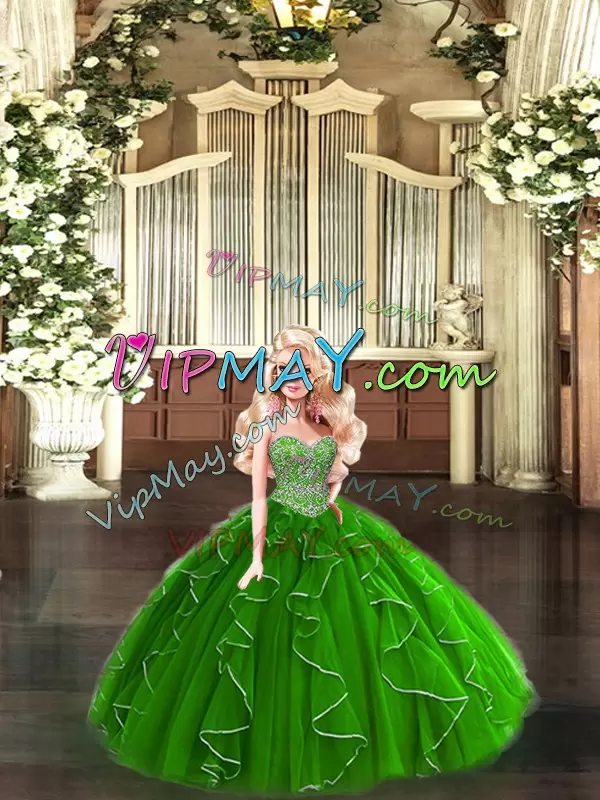 Admirable Tulle Sweetheart Sleeveless Lace Up Beading and Ruffles Quinceanera Dresses in Green