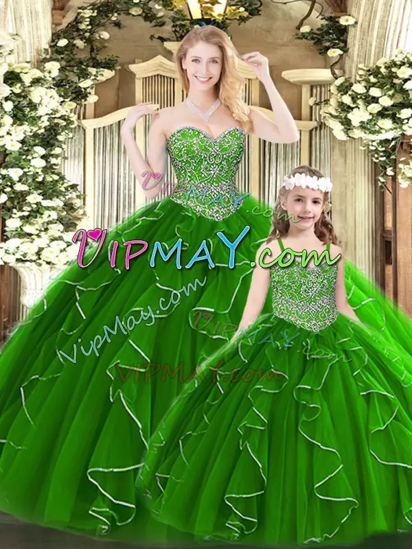 Admirable Tulle Sweetheart Sleeveless Lace Up Beading and Ruffles Quinceanera Dresses in Green