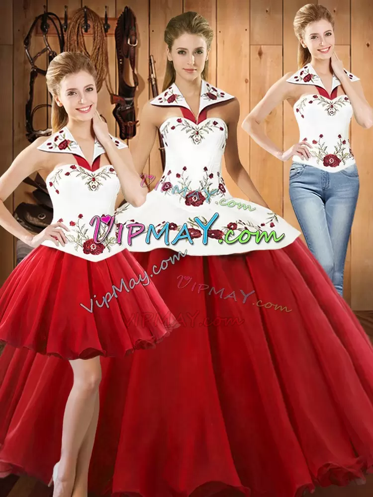 Customized Wine Red Halter Top Neckline Embroidery Quinceanera Gown Sleeveless Lace Up