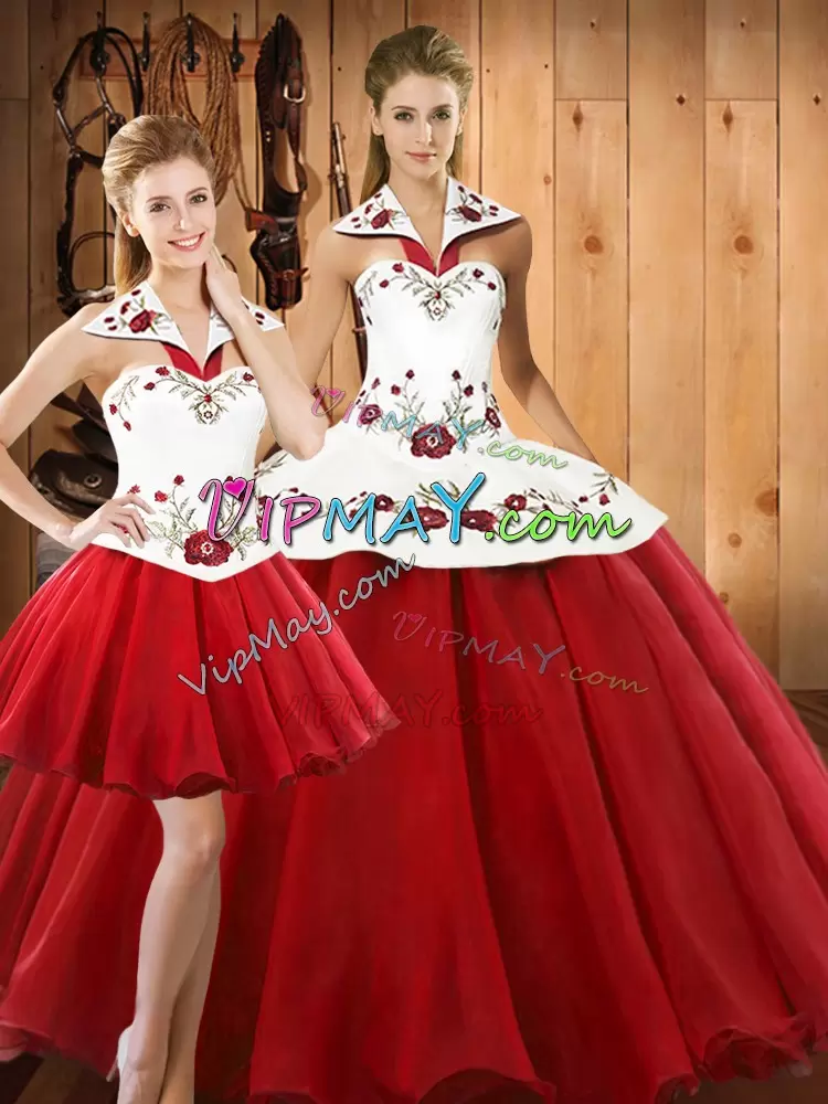 Customized Wine Red Halter Top Neckline Embroidery Quinceanera Gown Sleeveless Lace Up